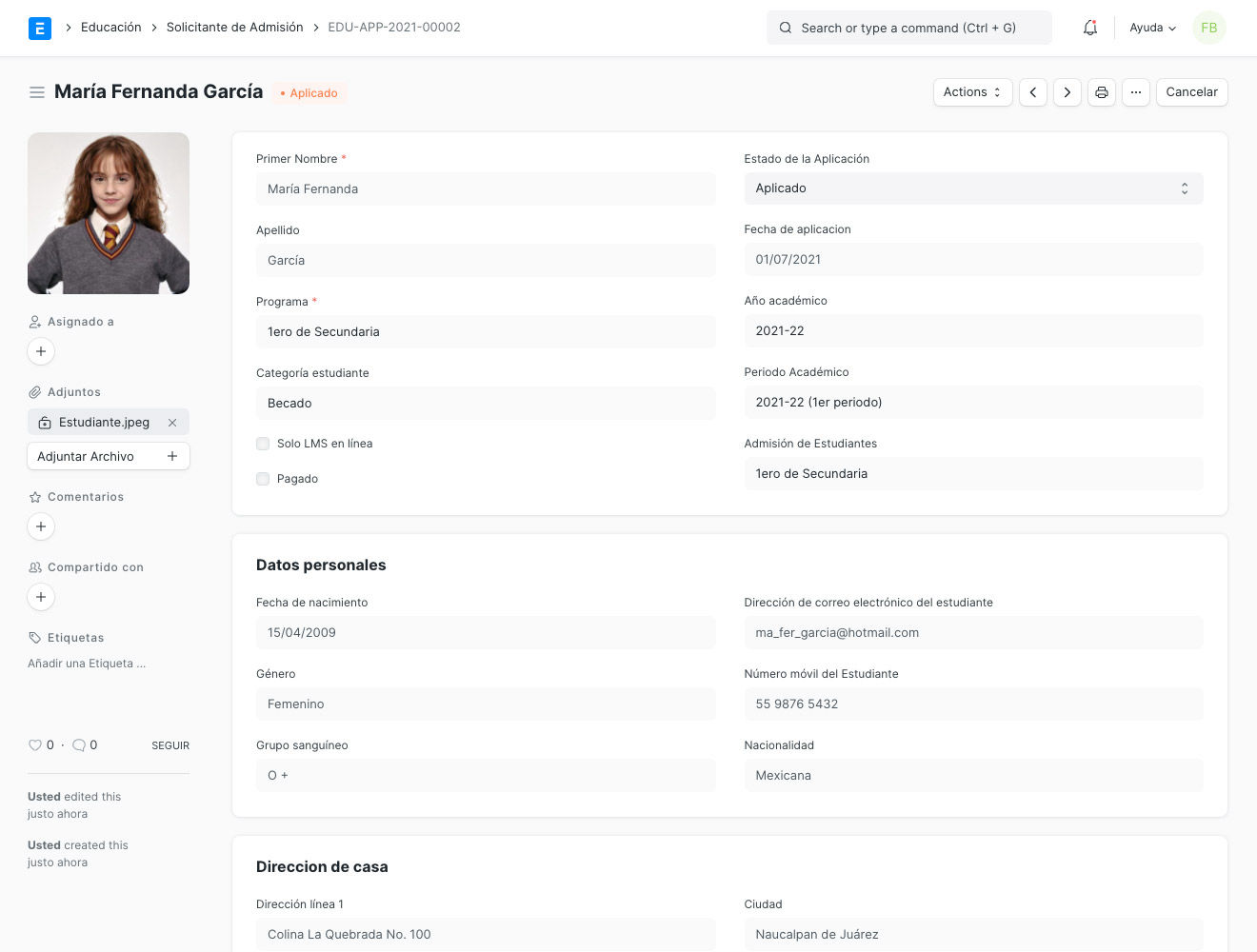 Admisión de estudiantes ERPNext